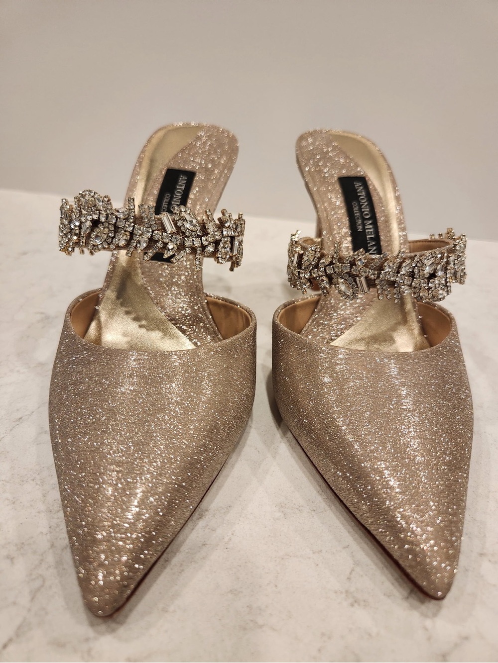ANTONIO MELANI Jeweled Gold Glitter Pointed Mules with Crystal Embellishment